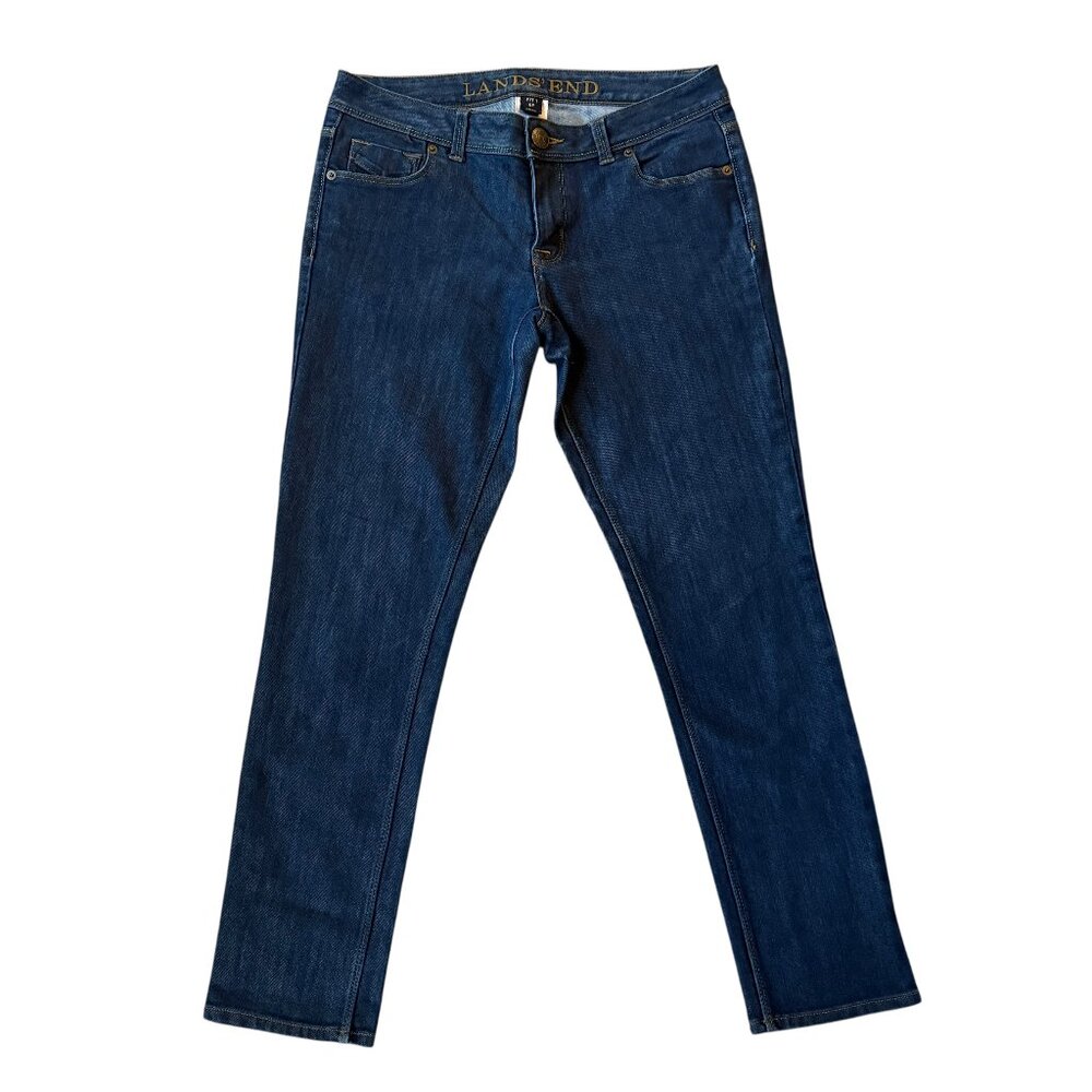 Lands' End Fit 1 dark wash stretchy skinny button zip five pocket blue jeans 6P